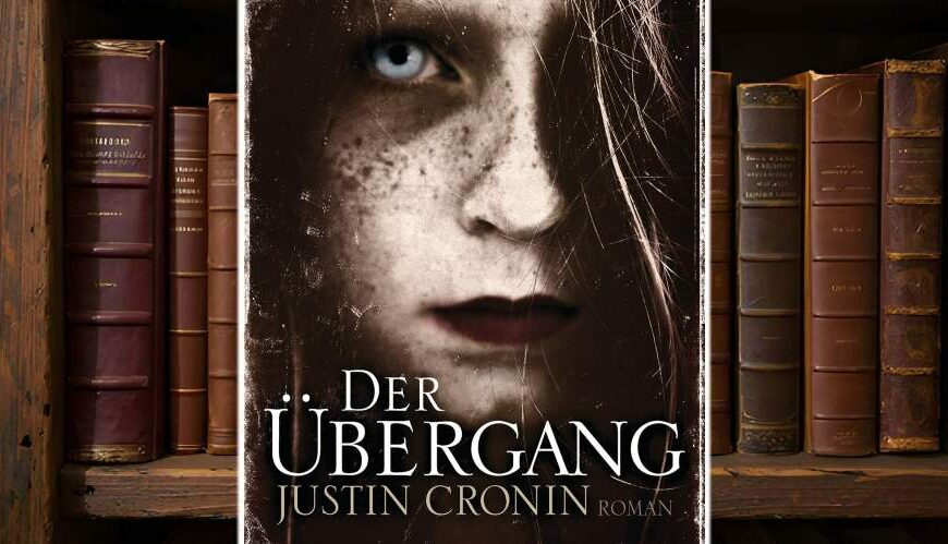 Cover von „Der Übergang“ von Justin Cronin: Silhouetten einer Brücke in der Dämmerung, im Hintergrund eine untergehende Sonne. Symbol für Niedergang, Hoffnung und Übergang in eine neue Welt.