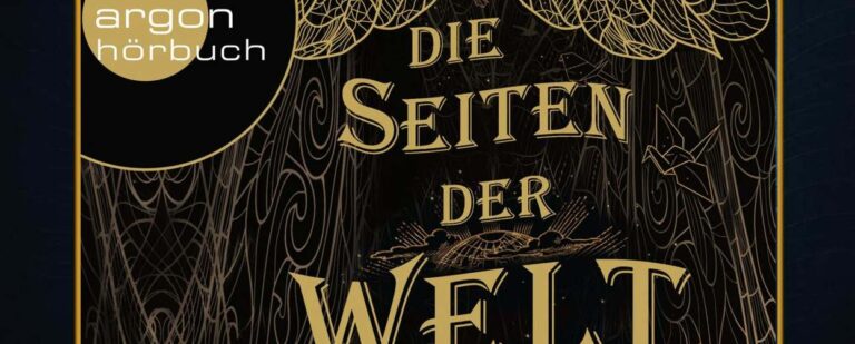 Cover des Hörbuchs „Die Seiten der Welt“ von Kai Meyer. Auf einem dunklen, fast schwarzen Hintergrund ist ein verzweigtes, goldfarbenes Ornament zu sehen, das an Buchseiten oder filigranen Astwerk erinnert. Oben prangt in großer, goldener Serifenschrift „Kai Meyer“, darunter „Die Seiten der Welt“. Im linken Bereich befindet sich die silbrig-goldene Marke „argon hörbuch“ sowie der Hinweis „Simon Jäger liest“.