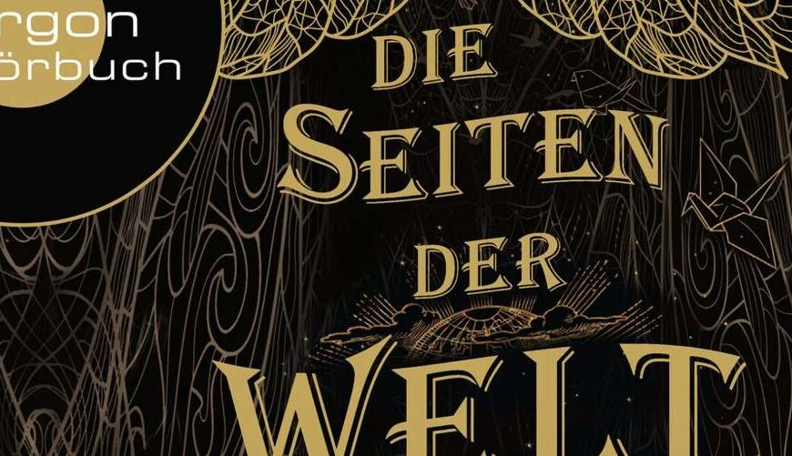 Cover des Hörbuchs „Die Seiten der Welt“ von Kai Meyer. Auf einem dunklen, fast schwarzen Hintergrund ist ein verzweigtes, goldfarbenes Ornament zu sehen, das an Buchseiten oder filigranen Astwerk erinnert. Oben prangt in großer, goldener Serifenschrift „Kai Meyer“, darunter „Die Seiten der Welt“. Im linken Bereich befindet sich die silbrig-goldene Marke „argon hörbuch“ sowie der Hinweis „Simon Jäger liest“.