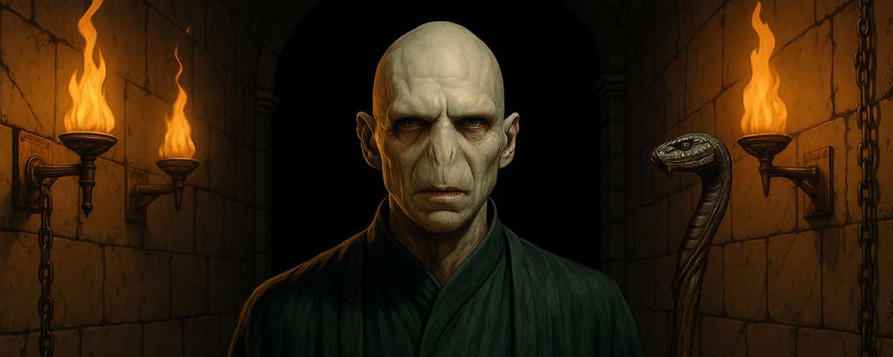 Satirisches Fantasy-Porträt eines blassen Magiers mit glattem Kopf in düsterer Gewölbekulisse, der einen Schlangenstab (Naghini-Stil) in der Hand hält – gemalt im semi-realistischen Stil mit dunkler, dramatischer Lichtstimmung.