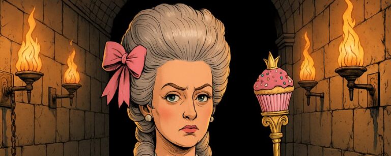 Marie Antoinette als Fantasyfigur im Querformat – mit Zepter aus Zuckerguss, opulenter Frisur und einem spöttischen Blick, vor einem mystischen Zwischenreich-Hintergrund