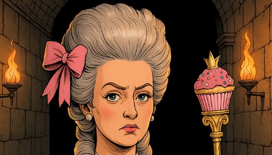 Marie Antoinette als Fantasyfigur im Querformat – mit Zepter aus Zuckerguss, opulenter Frisur und einem spöttischen Blick, vor einem mystischen Zwischenreich-Hintergrund