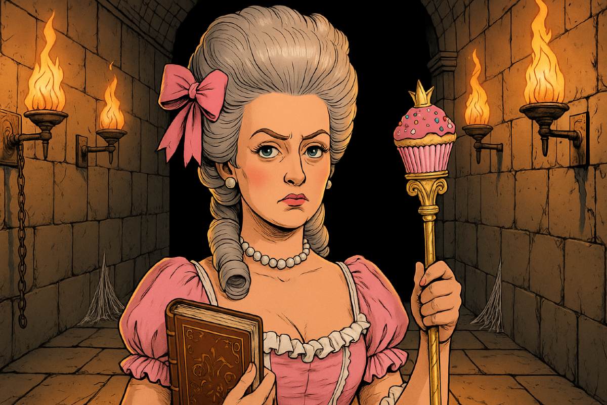 Marie Antoinette als Fantasyfigur im Querformat – mit Zepter aus Zuckerguss, opulenter Frisur und einem spöttischen Blick, vor einem mystischen Zwischenreich-Hintergrund.