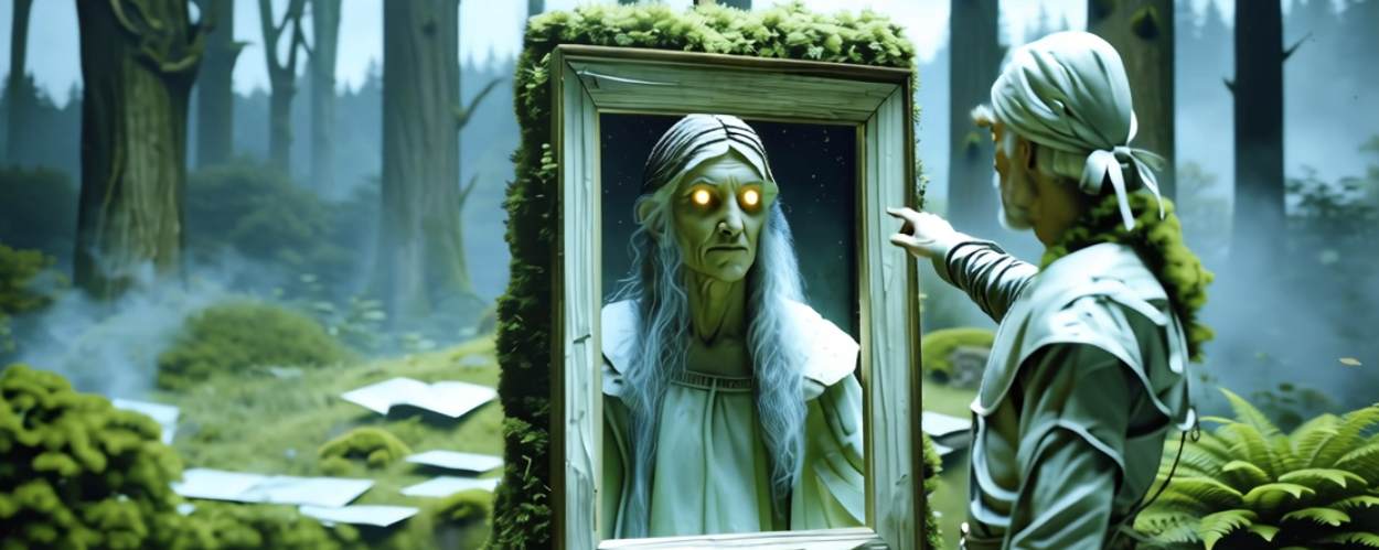 Moosbedecktes, uraltes Porträt mit einer unheimlich lächelnden Frau, deren Gesicht der Mona Lisa ähnelt. Grünlicher Teint, wurzelartiges Haar, spiralförmiger Mooshintergrund mit kaum sichtbaren Runen. Der Rahmen wirkt organisch, wie aus Rinde und Ranken geformt. Das Bild strahlt etwas Lebendiges und Verstörendes aus.