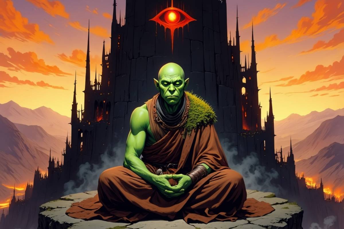 Ork beim Meditieren im Sonnenuntergang