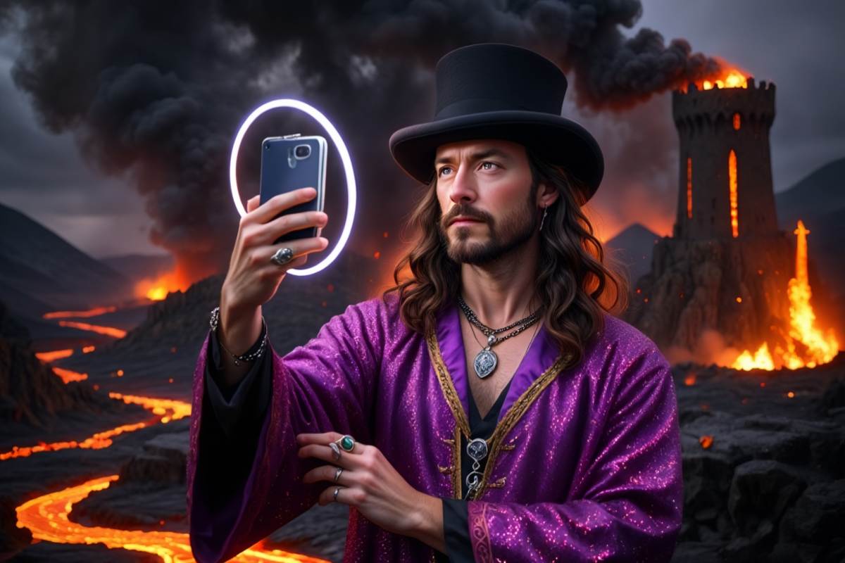 Fantasy-Influencer mit Ringlicht in Mordor