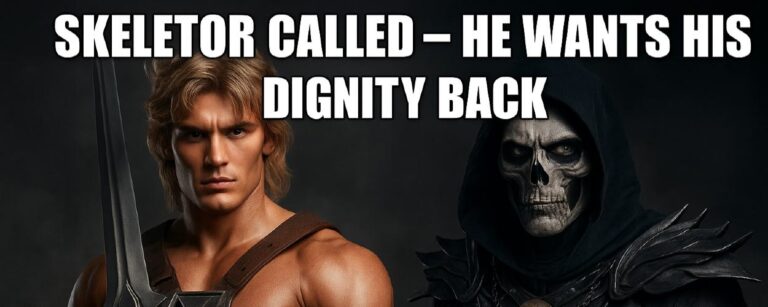 Satirisches Meme im Querformat: Links Nicholas Galitzine als He-Man mit ernstem Blick, goldblondem Haar und übergroßem Schwert – perfekt inszeniert, aber leicht überzeichnet. Rechts Jared Leto als Skeletor, bleich, theatralisch, mit glühenden Augen und Totenschädelkrone. Zwischen den beiden steht in großen Lettern: „Skeletor called – he wants his dignity back.“ Der Hintergrund zeigt einen kitschig dramatischen Himmel über Eternia. Stil und Aussage: ironisch, übertrieben heroisch und voller 80er-Pathos.