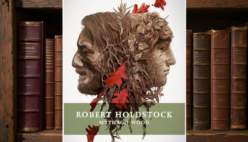 Cover des Romans „Mythago Wood“ von Robert Holdstock: Ein dunkler, dichter Wald im Nebel, durchzogen von geheimnisvollen Lichtern – Symbol für mythische Tiefe und psychologische Schatten.