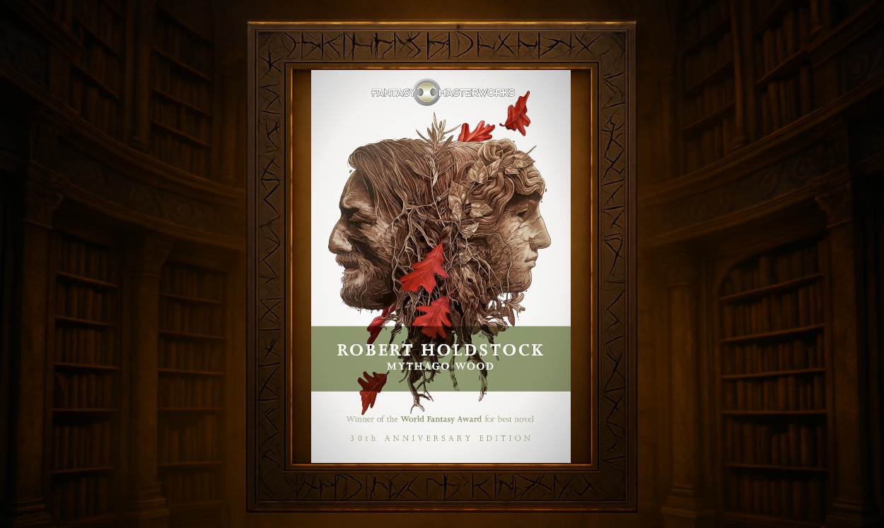 Cover des Romans „Mythago Wood“ von Robert Holdstock: Ein dunkler, dichter Wald im Nebel, durchzogen von geheimnisvollen Lichtern – Symbol für mythische Tiefe und psychologische Schatten.