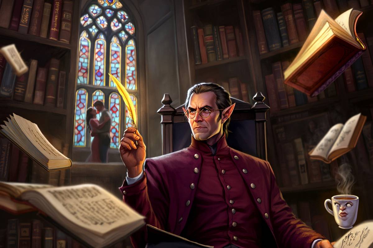 Zynischer Elf in düsterer Bibliothek mit Tee