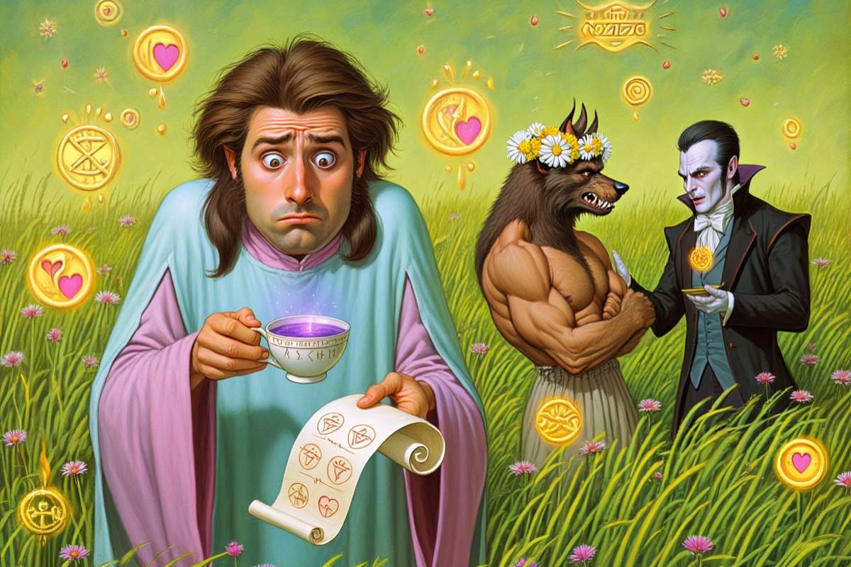 Verwirrter Magier mit Teetasse und magischem Dating-Scroll