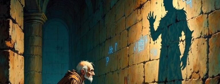 Ein alter Mönch kniet in einer düsteren Steinkammer vor einer Wand, auf der sich sein Schatten in die finstere Silhouette eines Kriegers mit erhobener Hand verwandelt hat. Über dem Schatten leuchten geheimnisvolle Runen in bläulichem Licht. Eine Öllampe zwischen Mönch und Wand wirft das übernatürliche Schattenspiel. Die Szene wirkt mystisch und symbolträchtig – ein Moment der Reue, Magie oder innerer Zwiesprache.
