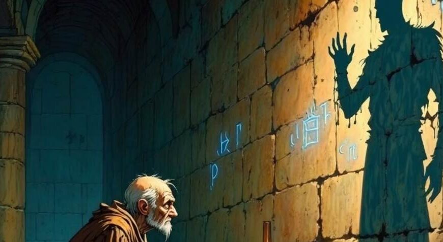 Ein alter Mönch kniet in einer düsteren Steinkammer vor einer Wand, auf der sich sein Schatten in die finstere Silhouette eines Kriegers mit erhobener Hand verwandelt hat. Über dem Schatten leuchten geheimnisvolle Runen in bläulichem Licht. Eine Öllampe zwischen Mönch und Wand wirft das übernatürliche Schattenspiel. Die Szene wirkt mystisch und symbolträchtig – ein Moment der Reue, Magie oder innerer Zwiesprache.