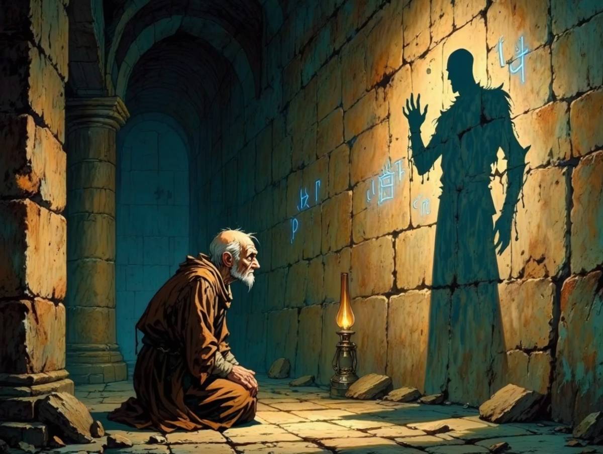 Ein alter Mönch kniet in einer düsteren Steinkammer vor einer Wand, auf der sich sein Schatten in die finstere Silhouette eines Kriegers mit erhobener Hand verwandelt hat. Über dem Schatten leuchten geheimnisvolle Runen in bläulichem Licht. Eine Öllampe zwischen Mönch und Wand wirft das übernatürliche Schattenspiel. Die Szene wirkt mystisch und symbolträchtig – ein Moment der Reue, Magie oder innerer Zwiesprache.