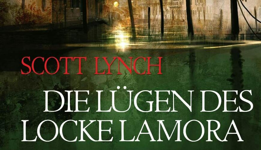 Cover des Hörbuchs „Die Lügen des Locke Lamora“ von Scott Lynch. Zu sehen ist eine stilisierte, im Sepia-Look gehaltene Hafenszene mit Türmen, Schiffen und Kuppeln, die an ein magisch verfremdetes Venedig erinnert. Der Titel steht groß in roten Lettern über der Szenerie, mit dekorativen Schnörkeln. Oben der Name des Autors, unten der Hinweis auf Sprecher Matthias Lühn. Atmosphärisch, altstädtisch, geheimnisvoll.