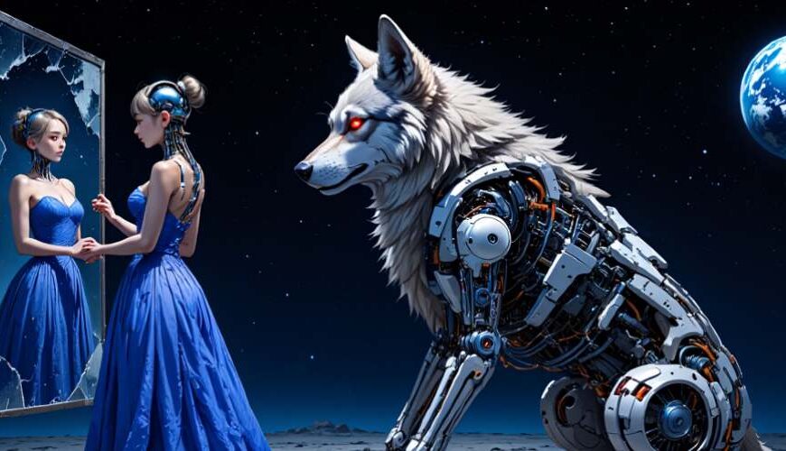 Cyborg-Cinderella im blauen Kleid steht vor zerbrochenem Spiegel, neben ihr ein mechanischer Wolf mit roten Augen, im Hintergrund die Erde – futurale Märchenästhetik.