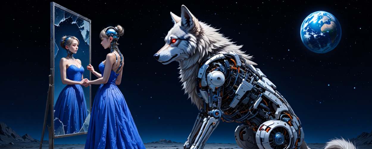 Cyborg-Cinderella im blauen Kleid steht vor zerbrochenem Spiegel, neben ihr ein mechanischer Wolf mit roten Augen, im Hintergrund die Erde – futurale Märchenästhetik.