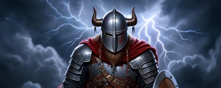 Comic-hafter Fantasy-Krieger mit gehörntem Helm und blutverschmierter Rüstung kniet in dramatischer Pose vor dunklem Sturmhimmel, während hinter ihm Blitze zucken – eine epische Hommage an klassische Heldenepen.