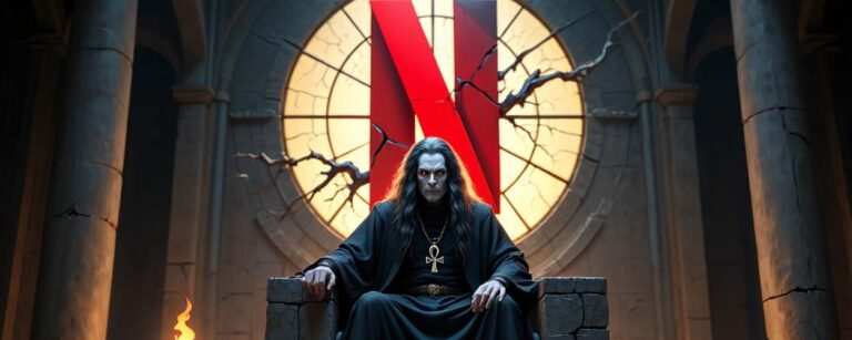 A pale, dark-robed figure resembling Dream from The Sandman sits on a stone throne in a ruined hall. Behind him, a giant broken Netflix logo glows ominously through a shattered stained-glass window, symbolizing the show's abrupt end.