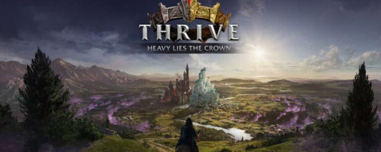 Fantasylandschaft mit Blick auf zwei rivalisierende Städte, im Vordergrund ein Reiter – Artwork zu Thrive: Heavy Lies the Crown