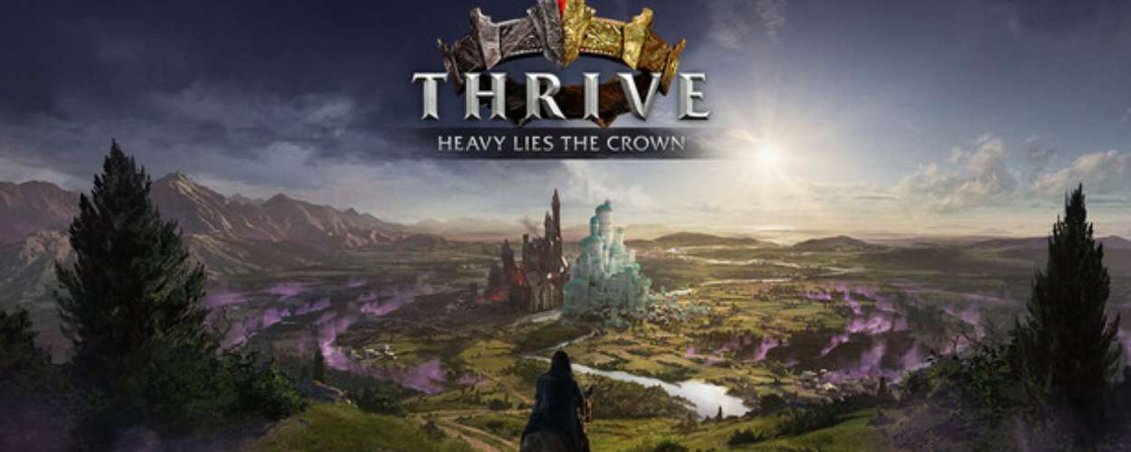 Fantasylandschaft mit Blick auf zwei rivalisierende Städte, im Vordergrund ein Reiter – Artwork zu Thrive: Heavy Lies the Crown