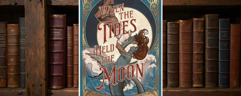 Buchcover vor Bücherhintergrund: Venessa Vida Kelley verwebt Merman-Mythos, queere Romantik und historische Realität in einem ambitionierten Debüt voller Illustration When The Tide Hits The Moon