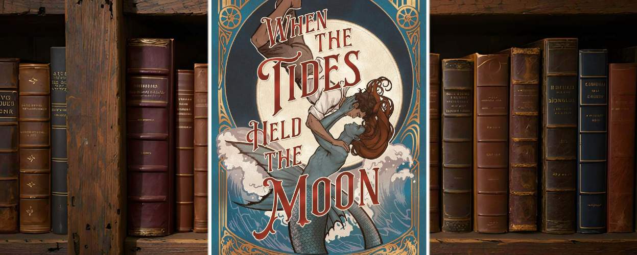 Buchcover vor Bücherhintergrund: Venessa Vida Kelley verwebt Merman-Mythos, queere Romantik und historische Realität in einem ambitionierten Debüt voller Illustration When The Tide Hits The Moon