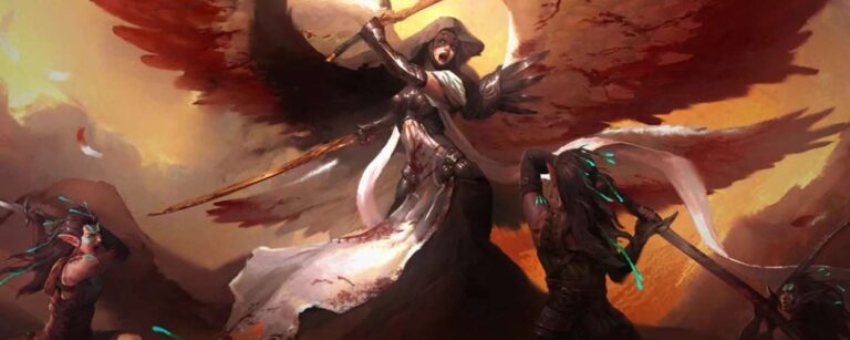 Blutige Fantasy-Schlacht: Eine gepanzerte Kriegerin mit Schwingen erhebt ihr Schwert über verwundeten Kämpferinnen in einem apokalyptisch rot-goldenen Himmel – Artwork zum düsteren RTS-Roguelite „WARTORN“.