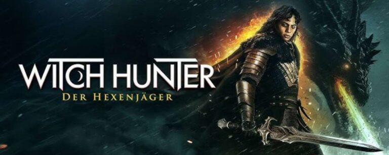 Fantasykrieger in dunkler Rüstung mit Schwert, im Hintergrund feuerspeiender Drache – Artwork zum Trashfilm Witch Hunter – Der Hexenjäger