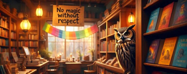 Ein gemütlicher Buchladen im Fantasy-Stil mit Holzregalen und warmem Licht. Über dem Fenster hängt ein Schild mit der Aufschrift „No magic without respect“, darunter eine Regenbogenfahne. Im Vordergrund sitzt eine Eule aufmerksam in einem Regal mit queeren Fantasybüchern.