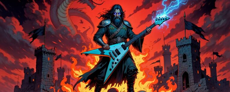 Ein düsterer Zauberer mit leuchtenden Augen steht auf einem Haufen Schädel, hält eine fliegende V-Gitarre, aus der Blitze schießen. Hinter ihm Flammen, ein Drache, Burgen und ein blutroter Himmel.