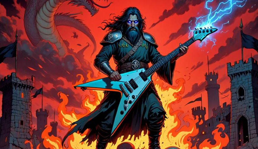 Ein düsterer Zauberer mit leuchtenden Augen steht auf einem Haufen Schädel, hält eine fliegende V-Gitarre, aus der Blitze schießen. Hinter ihm Flammen, ein Drache, Burgen und ein blutroter Himmel.
