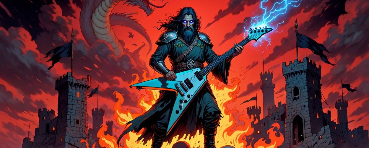 Ein düsterer Zauberer mit leuchtenden Augen steht auf einem Haufen Schädel, hält eine fliegende V-Gitarre, aus der Blitze schießen. Hinter ihm Flammen, ein Drache, Burgen und ein blutroter Himmel.