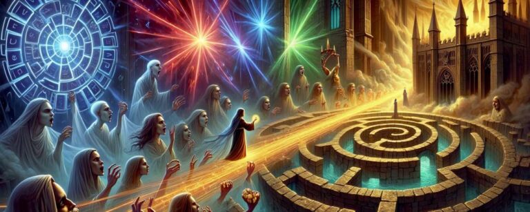 Ein magisches Labyrinth voller geisterhafter Gestalten, die Zauber wirken; im Hintergrund ein Runenkreis, bunte Lichtexplosionen und ein neogotisches Schloss – Symbolbild für vielfältige und außergewöhnliche Magiesysteme.