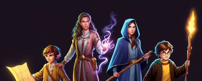Vier ikonische Fantasy-Figuren als stilisierte Helden: ein Hobbit mit Karte, eine Zauberin mit violetter Magie, eine vermummte Magierin mit Stab und ein junger Zauberer mit leuchtendem Speer – inspiriert von Fantasy-Klassikern wie Der Hobbit, Circe, Erdsee und Harry Potter.