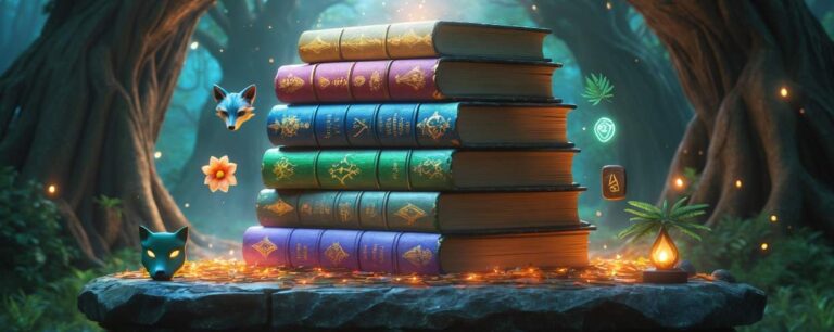 Ein mystischer Bücherstapel ruht auf einem steinernen Altar, umgeben von schwebenden Symbolen aus verschiedenen Mythologien. Licht fällt durch einen heiligen Hain.