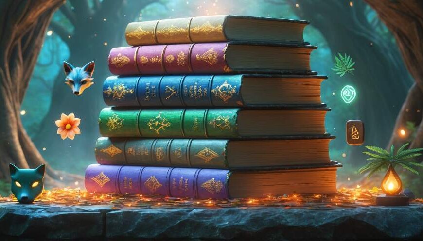 Ein mystischer Bücherstapel ruht auf einem steinernen Altar, umgeben von schwebenden Symbolen aus verschiedenen Mythologien. Licht fällt durch einen heiligen Hain.