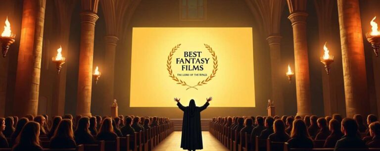 Ein überfüllter, kathedralenartiger Kinosaal bei einer Fantasy-Verleihung: Ein dunkler, kapuzentragender Redner steht ehrfürchtig vor einer riesigen Leinwand, auf der ‚Best Fantasy Films – The Lord of the Rings‘ prangt. Fackeln an den Säulen werfen dramatisches Licht – eine kultartige Szenerie, die an eine Mischung aus Kirche und Kino erinnert.