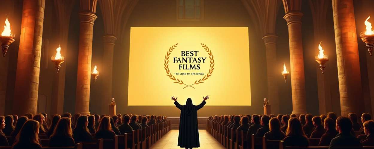 Ein überfüllter, kathedralenartiger Kinosaal bei einer Fantasy-Verleihung: Ein dunkler, kapuzentragender Redner steht ehrfürchtig vor einer riesigen Leinwand, auf der ‚Best Fantasy Films – The Lord of the Rings‘ prangt. Fackeln an den Säulen werfen dramatisches Licht – eine kultartige Szenerie, die an eine Mischung aus Kirche und Kino erinnert.