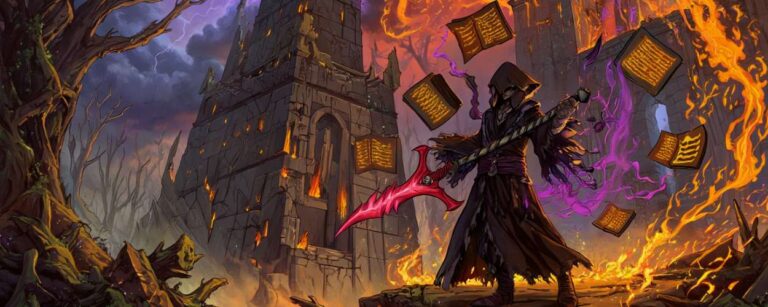 Symbolbild mit dunkler Bibliothek, Schwert und dämonischer Gestalt – Fantasy-Szene als Headerbild für düstere Buchtipps