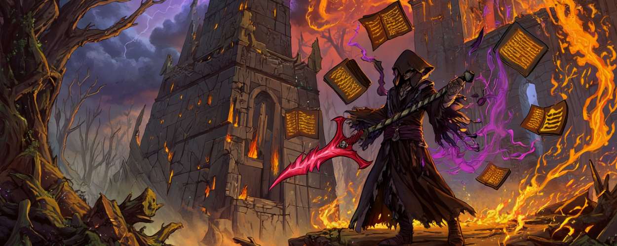Symbolbild mit dunkler Bibliothek, Schwert und dämonischer Gestalt – Fantasy-Szene als Headerbild für düstere Buchtipps vom Grimdark Magazin.