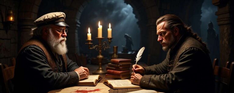 George R.R. Martin im Gespräch mit Joe Abercrombie – Illustration im düsteren Fantasy-Stil, im Hintergrund das Buchcover von The Devils