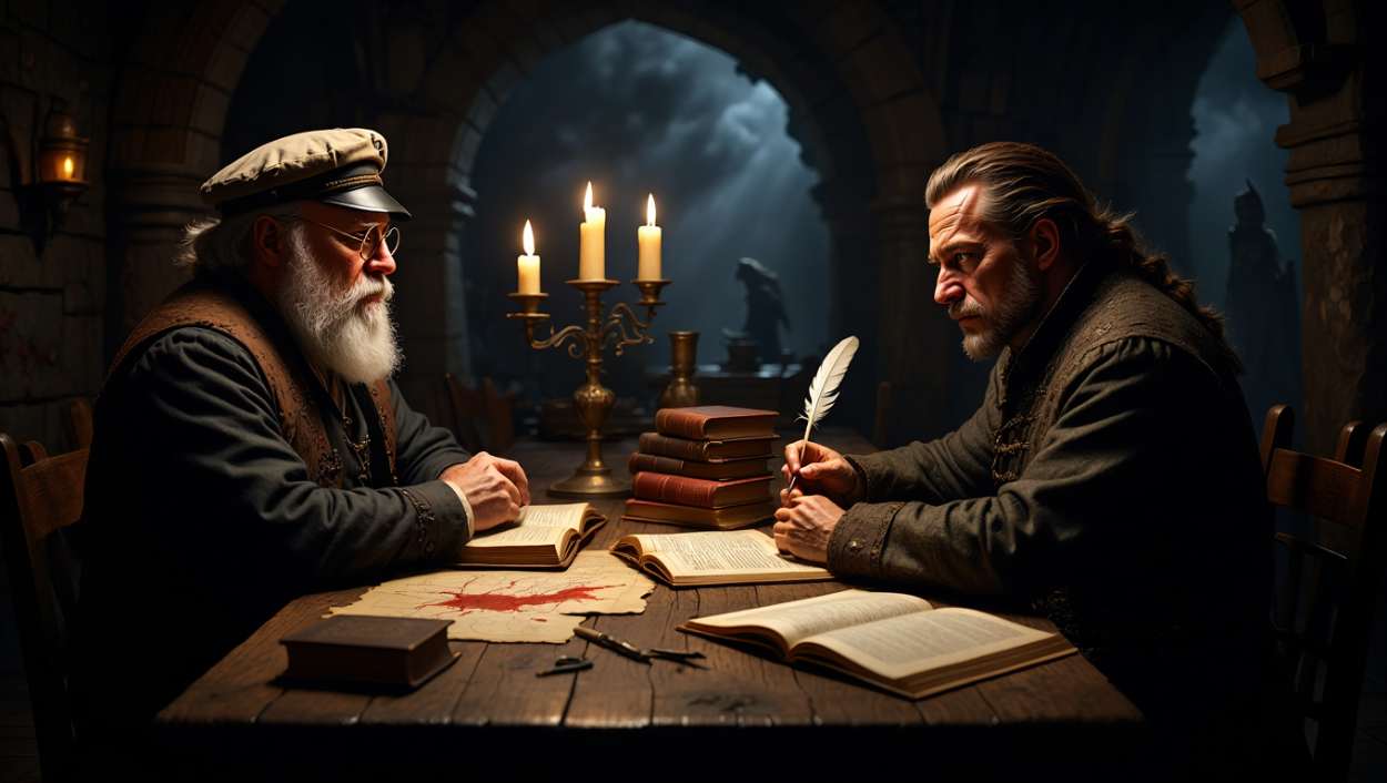 George R.R. Martin im Gespräch mit Joe Abercrombie – Illustration im düsteren Fantasy-Stil, im Hintergrund das Buchcover von The Devils