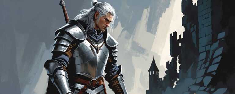 Ein Hexer in silberner Rüstung blickt ernst auf ein zerrissenes Drehbuch mit dem Titel „The Witcher“ – im Hintergrund zerbröckelt eine düstere Burg.