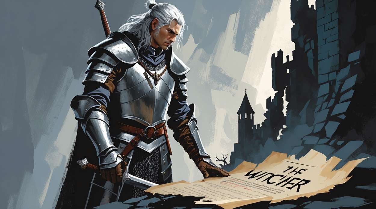 Ein Hexer in silberner Rüstung blickt ernst auf ein zerrissenes Drehbuch mit dem Titel „The Witcher“ – im Hintergrund zerbröckelt eine düstere Burg.