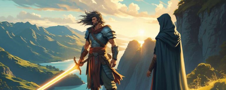 Ein Fantasy-Held mit wehender Mähne und leuchtendem Schwert steht auf einer Klippe, neben ihm eine verhüllte Begleiterin – die Sonne geht über neuseeländischer Landschaft unter.