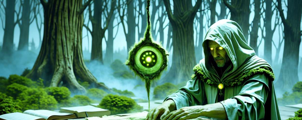Ein alter, grünlich gewandeter Mann mit leuchtenden Augen liest ein geheimnisvolles Pergament im Nebelwald. Über dem Tisch schwebt ein moosbedecktes, spiralförmiges Siegel mit glühendem Zentrum. Offene Bücher liegen verstreut auf einem hölzernen Altar. Die Szene wirkt magisch und bedrohlich. Mooslinge Nostradamus Enthüllung.
