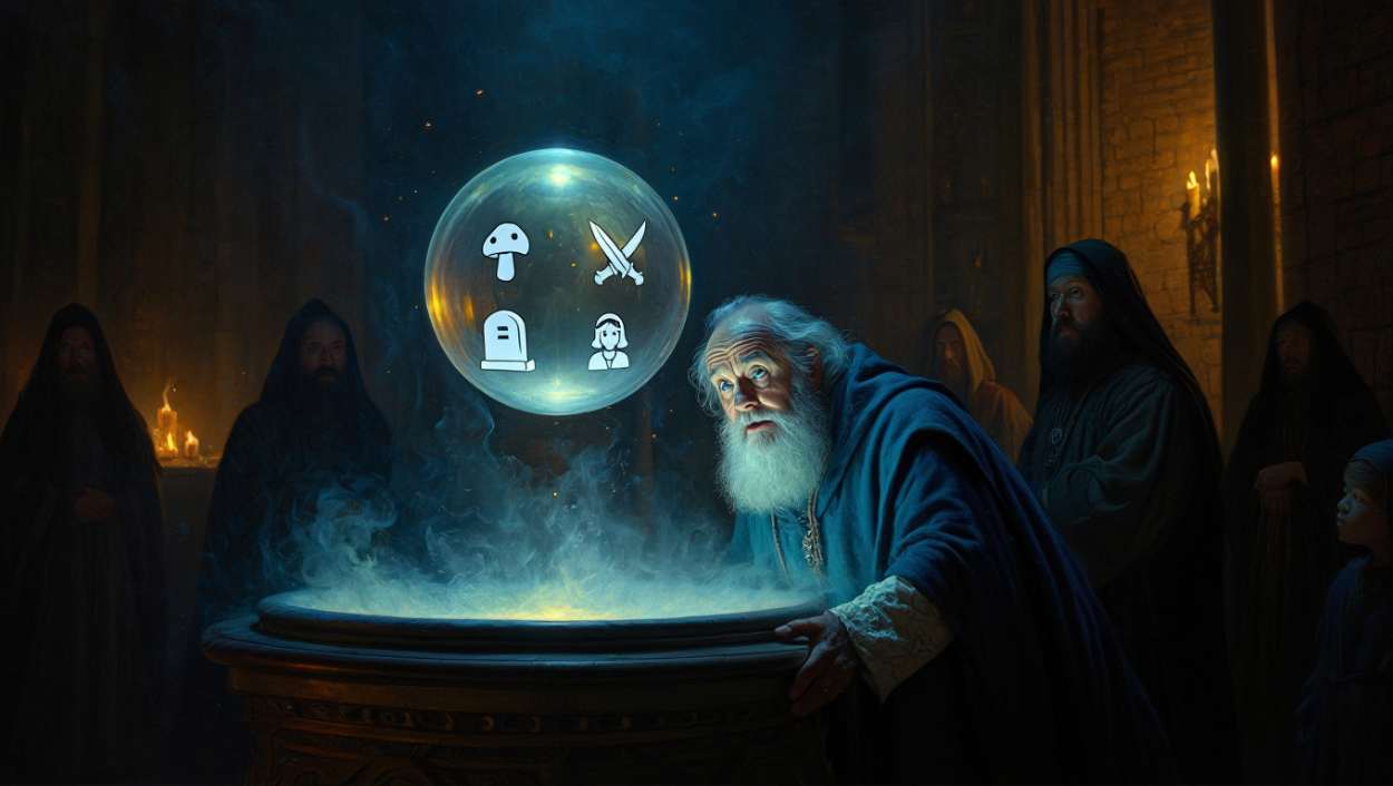 Ein alter Magier blickt entsetzt auf eine schwebende Kristallkugel, die nur vier leuchtende Emojis zeigt. Um ihn stehen ratlose Ratsmitglieder in einem düsteren, kerzenbeleuchteten Saal. Orakel Emoji Prophezeiung.