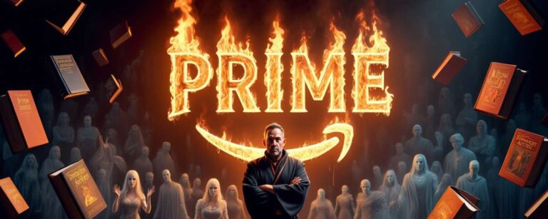 Brandon Sanderson mit verschränkten Armen vor einem brennenden Streaming-Logo – Symbolbild für gescheiterte Fantasy-Verfilmungen