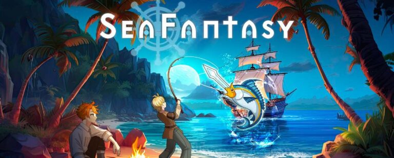 Zwei Anime-Figuren am Strand: einer sitzt am Lagerfeuer, der andere kämpft mit einer Angel gegen einen gigantischen Schwertfisch vor Piratenschiff-Kulisse. Logo „Sea Fantasy“ über tropischer Küstenlandschaft.